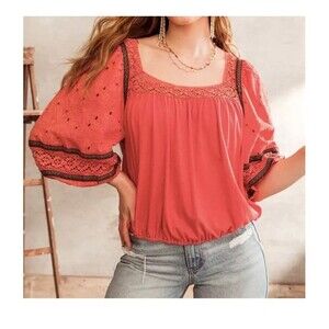 Gimmicks BKE Red Geometric Boho hippie concert puff sleeve women shirt small